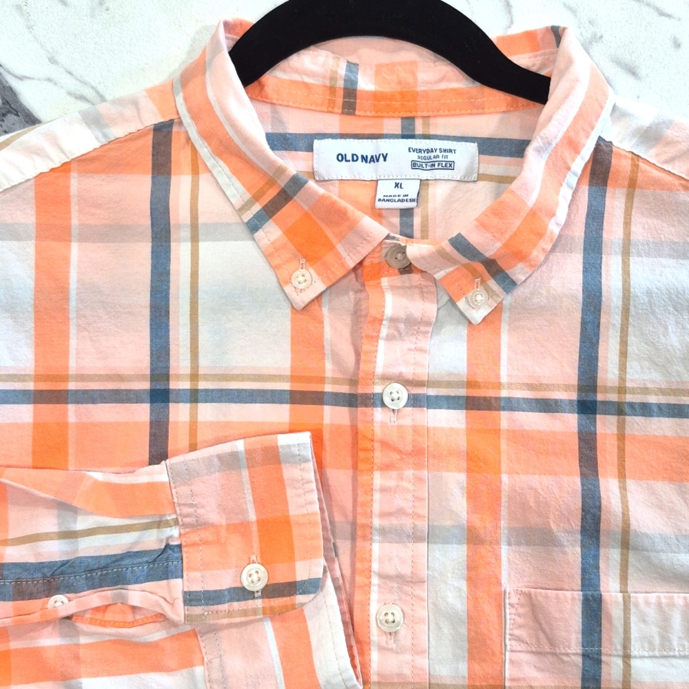Old Navy Everyday Regular Fit Button Down Shirt, XL Neon Plaid